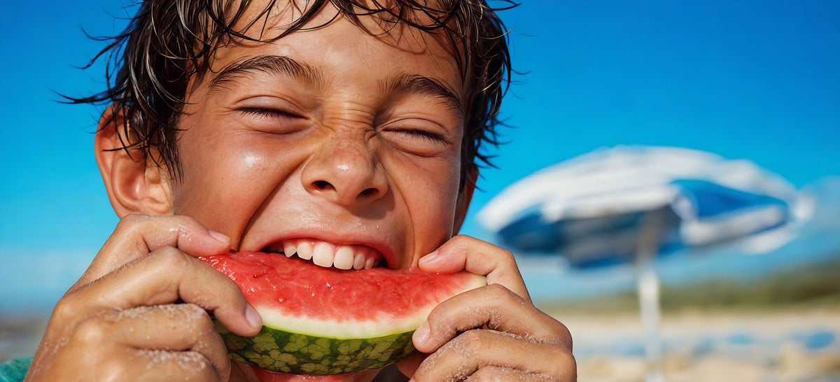 A close-up lifestyle shot of a young boy with wet hair biting into a slice of watermelon on a sunny beach, with a blue sky and beach umbrella in the background.